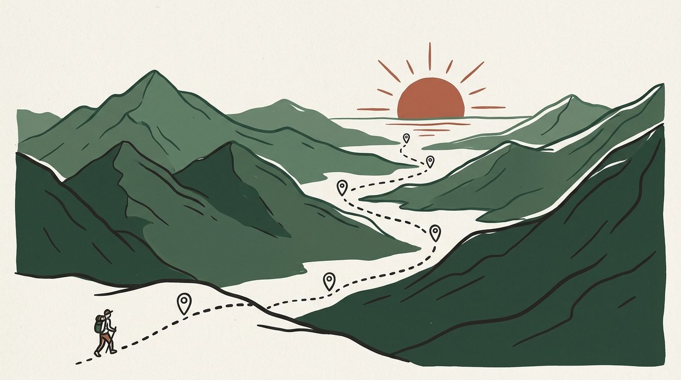 A vintage travel poster of mountains with a dashed pin route winding to the horizon