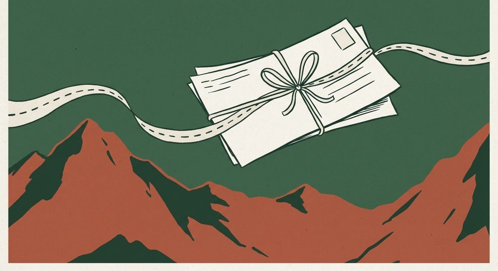 Postcards flying home over flat-colour mountains