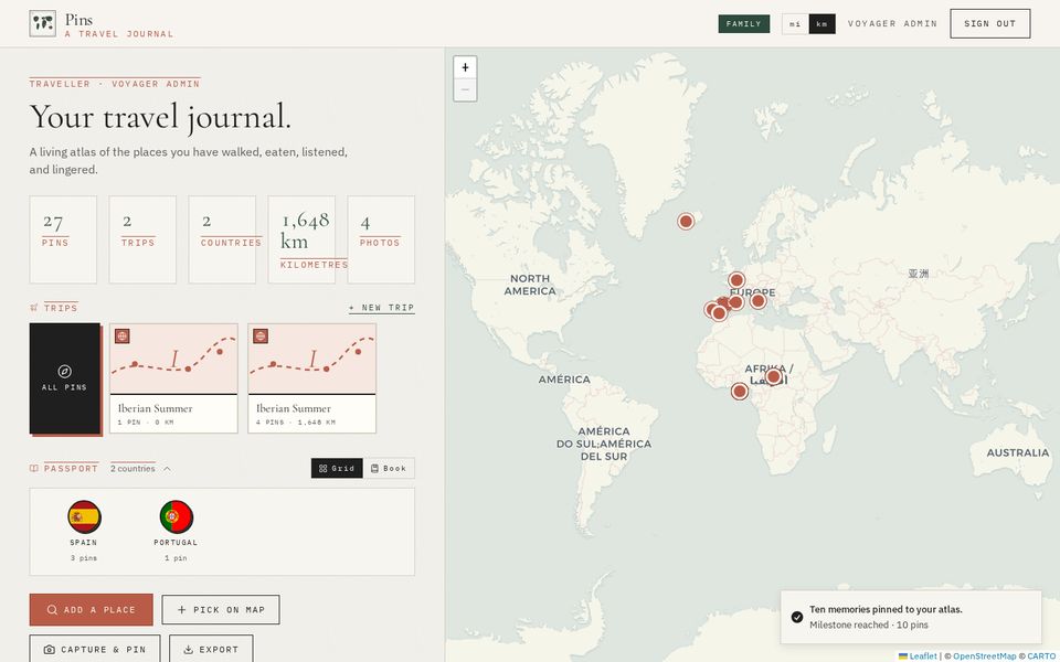 The Pins journal and world map dashboard